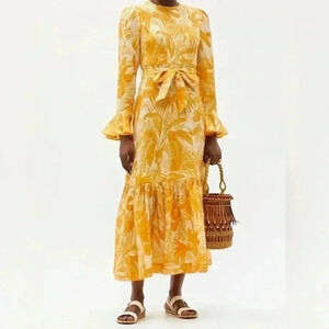 Zimmermann Linen Midi Dress 0 0P Mae Belted Ruffled Long Sleeve Botanical Peplum